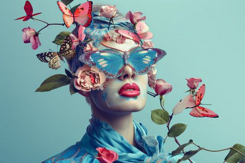 Portret van een Vrouw met Vlinders en Bloemen - Surrealistisch en Poëtisch Kunstwerk