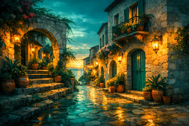 Romantischer Sommerabend an der Amalfiküste – Mediterranes Gassen-Wandbild von ButterflyPix