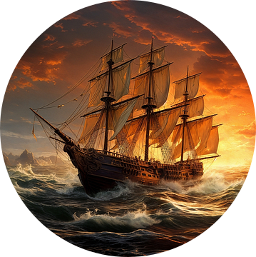 Zeilschip tijdens stormachtige zonsondergang van Preet Lambon