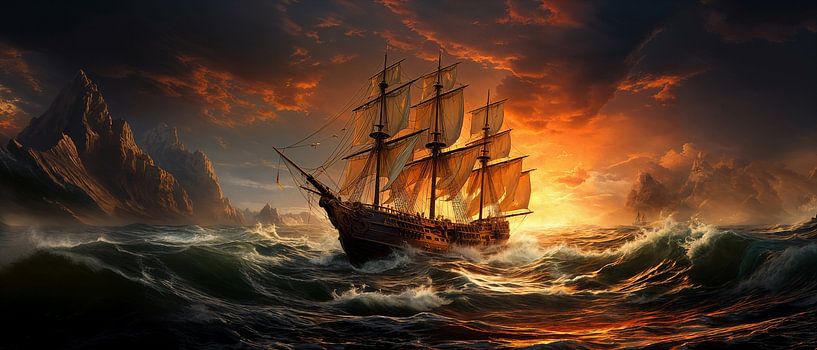 Sailing ship during stormy sunset by Preet Lambon