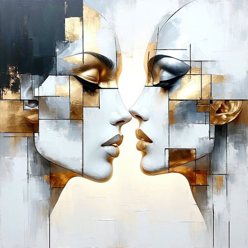 Silence gracieux - Les visages de deux femmes dans le monde intérieur, une mosaïque d'or et de gris, triptyque d'élégance intemporelle (2 de 3)
