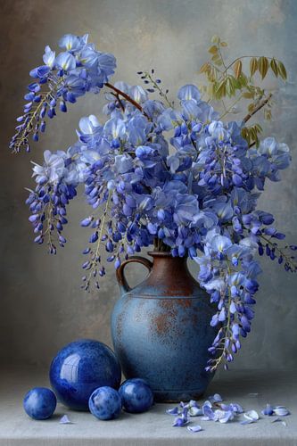 Blauwe Regen Stilleven met Vaas en Bollen van Joriali Fine Art