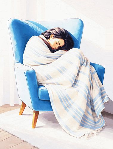 Sleeping Woman in Armchair Cozy Blanket Watercolor Portrait by Ramy Salah Hefny