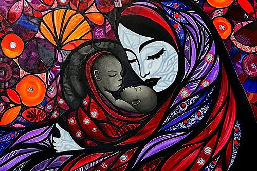 Digitaal abstract schilderachtig portret fictieve vrouw en kind