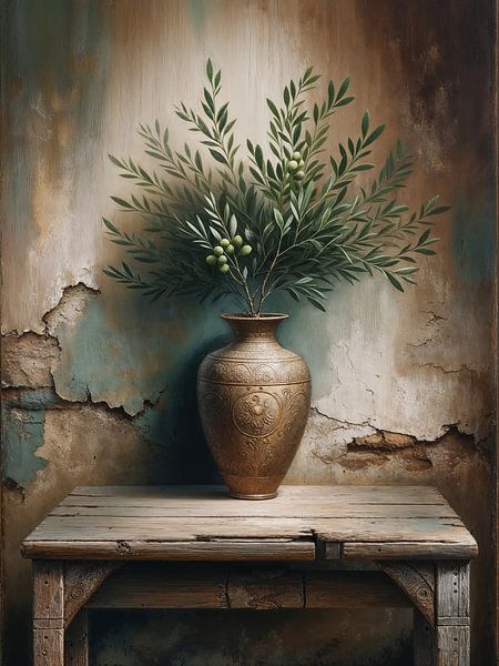 Olivenbaum in Vase - ländlich rustikales mediterranes Stillleben von Colors of Spring