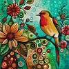 Klein vogeltje in een bloemenstruik van Jan Keteleer (JanKé): Een reis voorbij het canvas