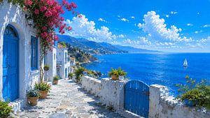 Greek Harbor Café by the Sea – Mediterranean Coastal Wall Art