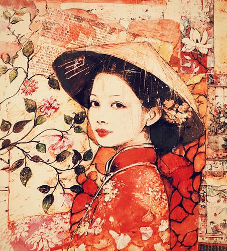 Chinesisches Mädchen in Vintage-Farben.  Collage