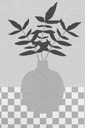 Minimalistisch retro stilleven met bladeren in een vaas. Zwart en wit, zilver met textieltextuur