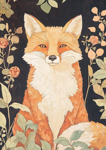 Fox in front of a floral pattern