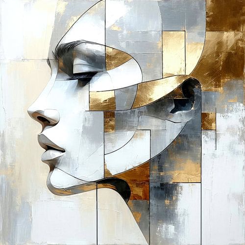 Gracieuze stilte - Het gezicht van een vrouw in de innerlijke wereld, een mozaïek van goud en grijs, drieluik van tijdloze elegantie (3 van 3)