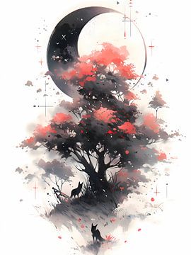 Aquarel Rood zwarte boom van haroulita