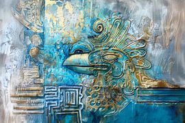 Turquoise Abstract Painting - Gold Accents and Mystical Motifs