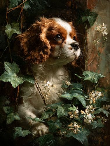 Cavalier King Charles-spaniël tussen klimop en bloemen