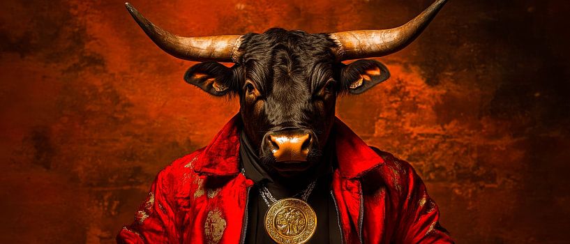 Sterke aanwezigheid: stier in rode outfit van Poster Art Shop