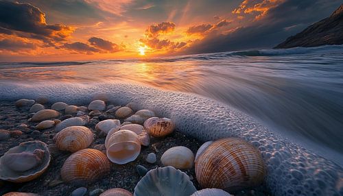 Zeeschelpen op het strand long exposure panorama