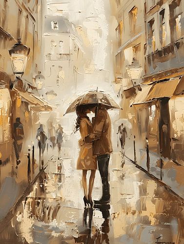 Kissende koppel onder regenbui