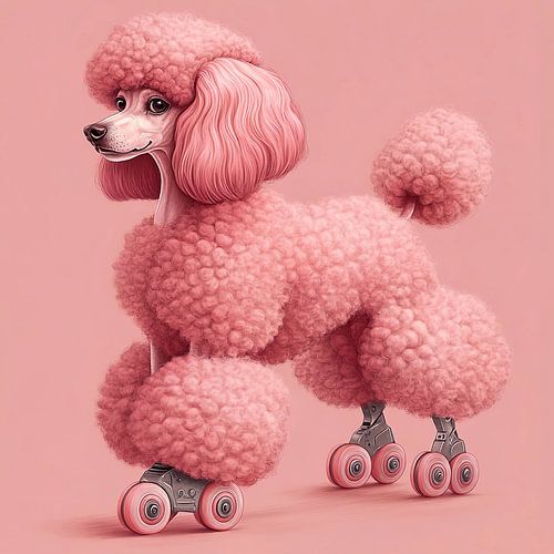Roze Poedel op rolschaatsen