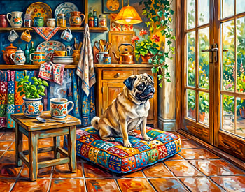 Speelse illustratie van dweilers voor het keukenraam van een cottage