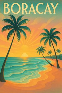 Boracay Sonnenuntergang Vintage Poster - Tropischer Strand & Palmen Wandkunst