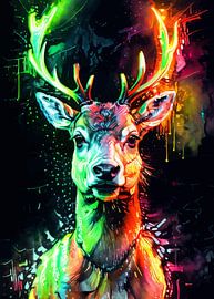 Neon waterverfkunstwerk met rendieren – Wanddecoratie met arctische dieren