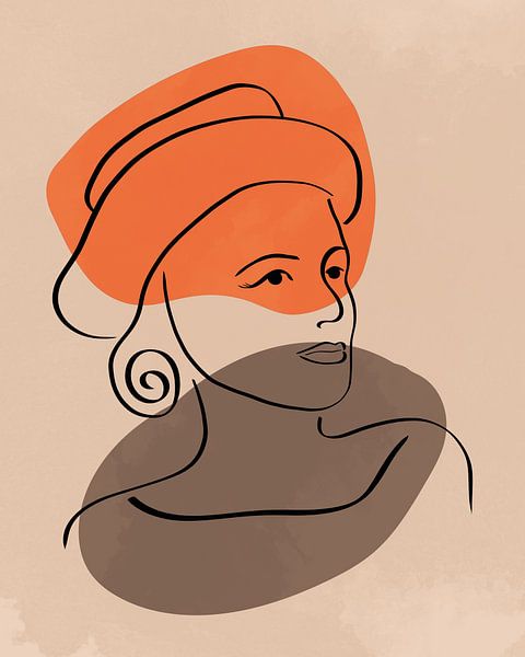 Line art of a woman with hat with two organic shapes in orange and brown by Tanja Udelhofen