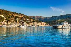 Port de Soller, beautiful harbor at the coast on Majorca island, Spain