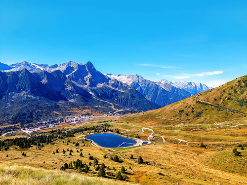 Panoramic View of Valbiolo Lake and Presanella Mountains from Tonale Pass
