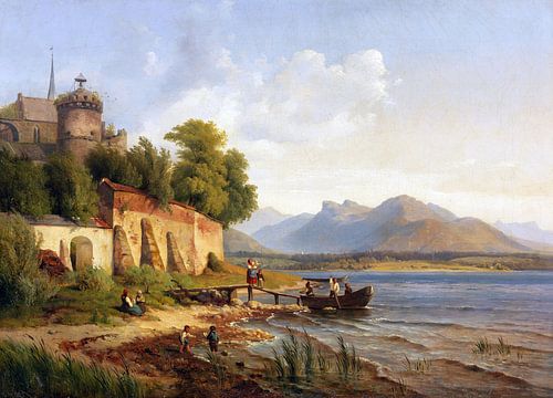 Noord-Italiaans kustlandschap met figuurstaf, LOUIS GURLITT, 1838