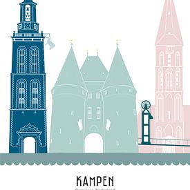 Skyline illustration city of Kampen in colour by Mevrouw Emmer