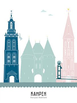 Skyline illustration city of Kampen in colour by Mevrouw Emmer