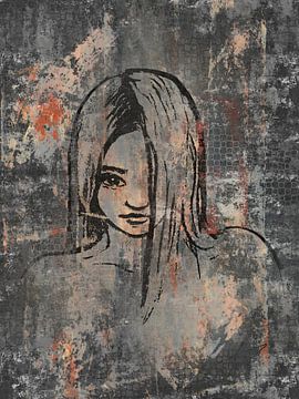 Portret van een jonge vrouw in mixed media stijl