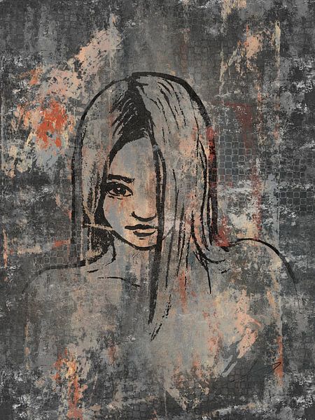 Porträt einer jungen Frau im Mischtechnik-Stil von Emiel de Lange