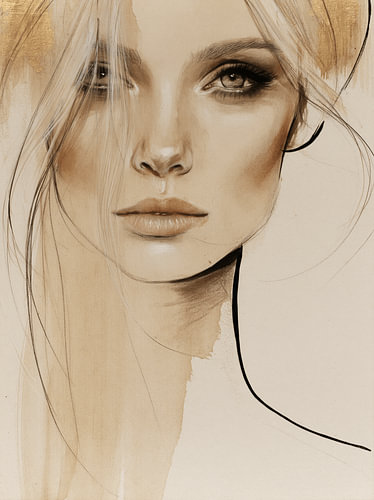 Abstract portrait of a woman in soft tones with golden accents by Carla Van Iersel