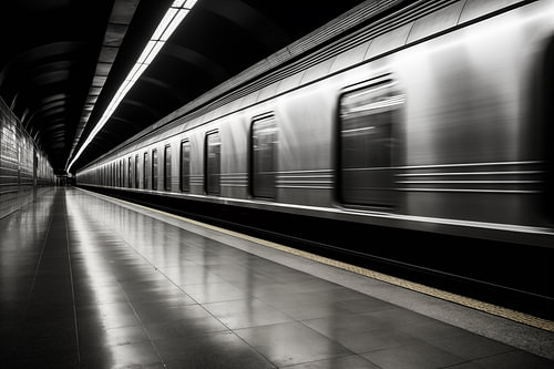 Photo en noir et blanc du métro, à l'atmosphère urbaine intemporelle