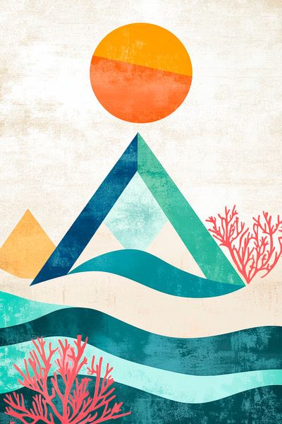 Geometric landscape with sun and coral by Poster Art Shop