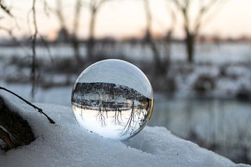 Zonsopgang met een lensbal in de sneeuw van Daphne Dorrestijn