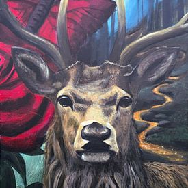 Acryl schilderij Red Roses and Butterfly's, mystical deer van TrishaVDesigns