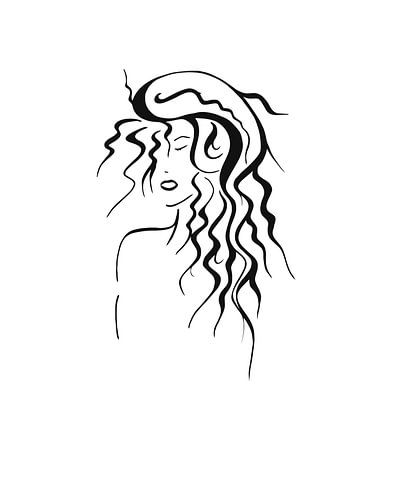 Black-and-white drawing of young woman with curly long hair