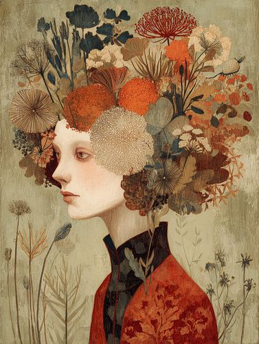 Portrait de rêve avec des fleurs séchées dans des tons chauds d'automne