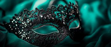 Black mask on velvety turquoise by Poster Art Shop