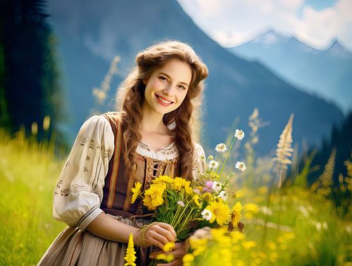 Vrouw in traditionele klederdracht met wilde bloemen