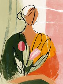 Abstract portret met bloemen en kleurvlakken