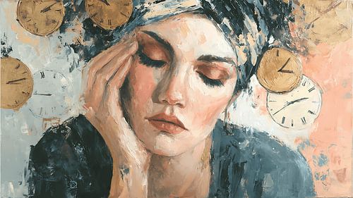 A surreal wall art piece featuring a melancholic woman with clocks