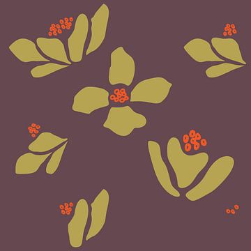 Marché aux fleurs. Art botanique moderne dans les tons moutarde, orange et violet sur Dina Dankers