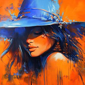 Woman with a Blue Hat and an Orange Background by Zen and More