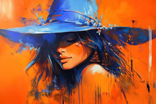 Woman with a Blue Hat and an Orange Background by Zen and More