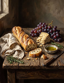 Rustic Bread, Cheese & Grapes Still Life by haroulita