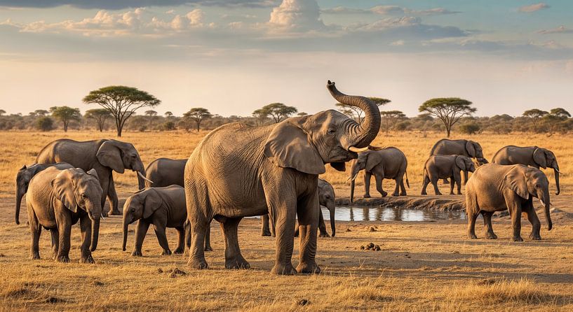 Herd of Elephants at Watering Hole in Savanna by Markus Gann