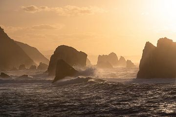 Sonnenuntergang an einer zerklüfteten Felsenküste von Peter Haastrecht, van